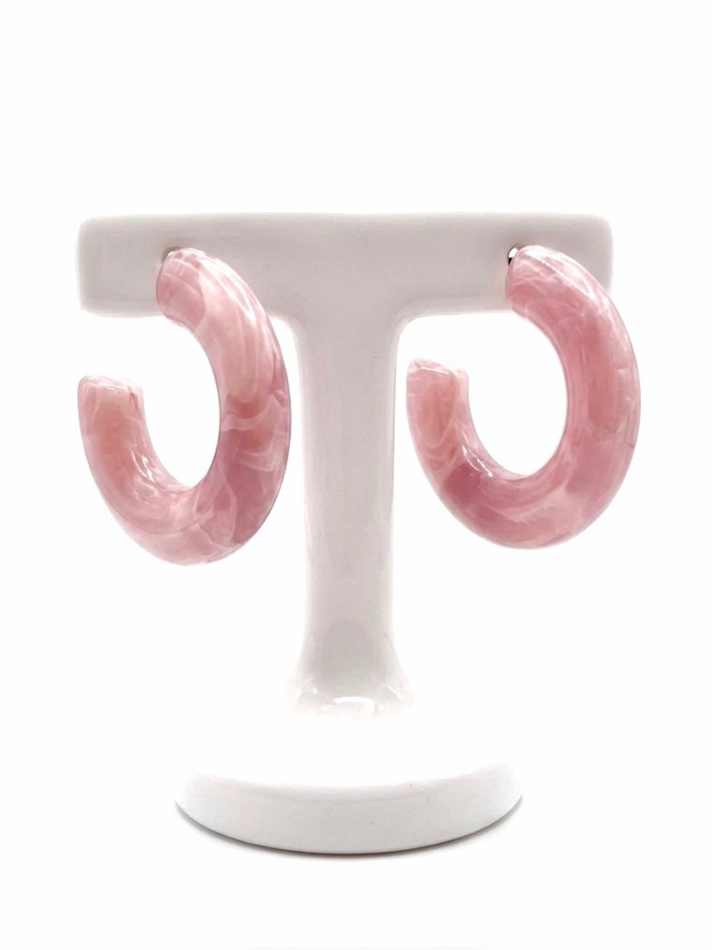 New 9k Gold Pink Marble Resin Bohemian Minimalist Beach Hoop Stud Earrings